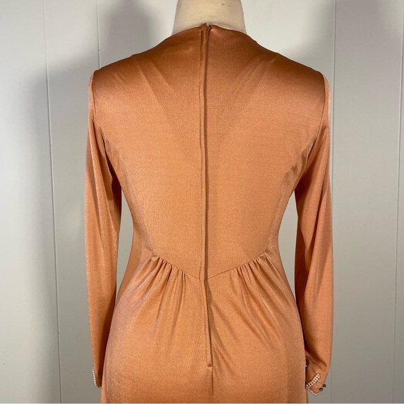 Vintage 70s V-Neck Dress Women’s XL Beaded Long Sleeve‎ Maxi Hippie Glam - Picture 8 of 9